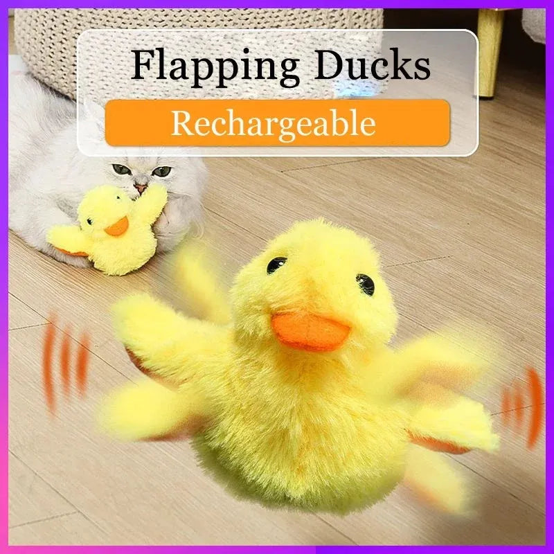 Yellow flapping duck interactive cat toy with plush feathers and a chick design on a plain background.