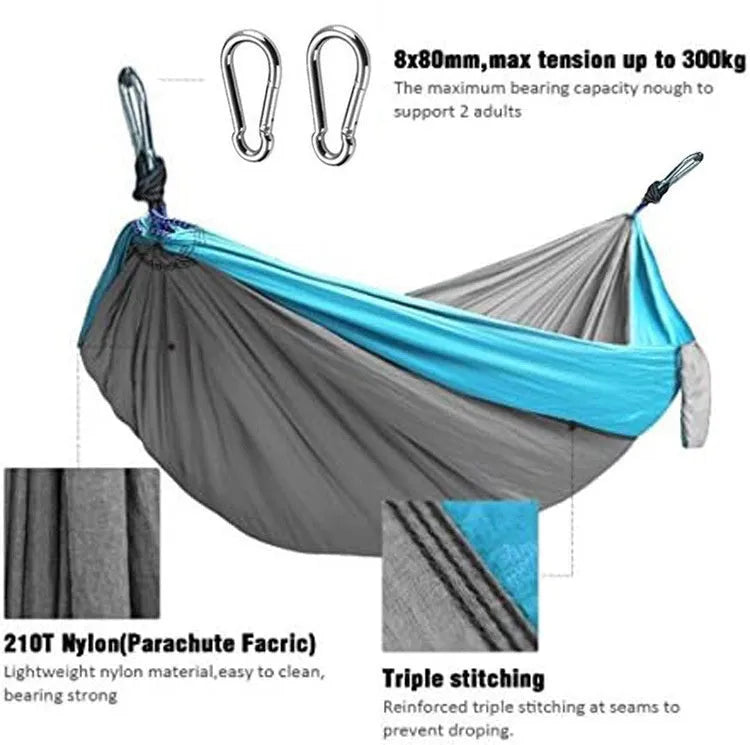 Blue parachute nylon outdoor hammock showing 270cm length and 140cm width dimensions