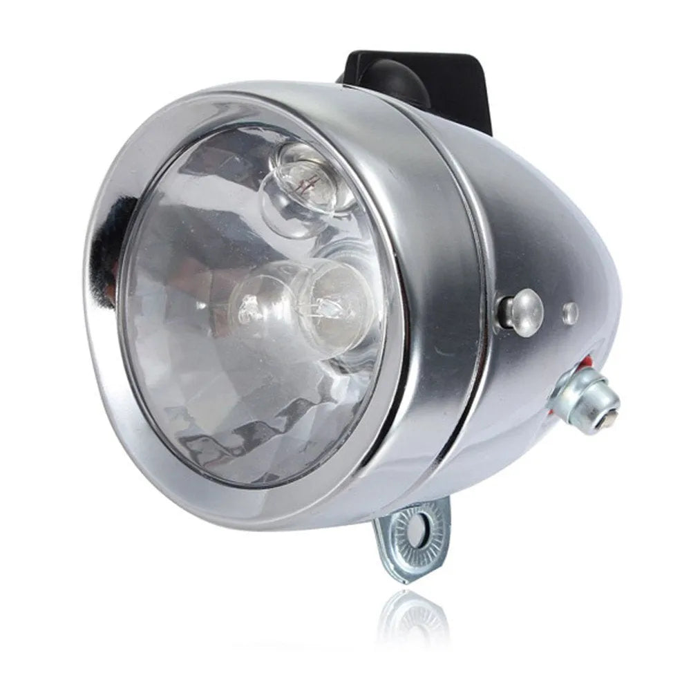 Silver bicycle dynamo light generator kit for front fork or rear frame mounting with friction power generation