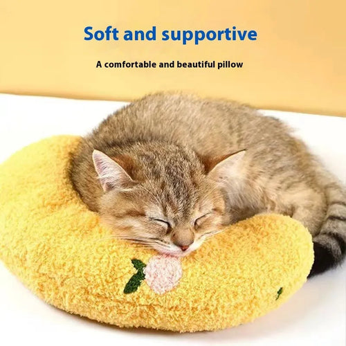 Cat pet bed mat with U-shaped neck pillow in blue, shown in a moon pillow style