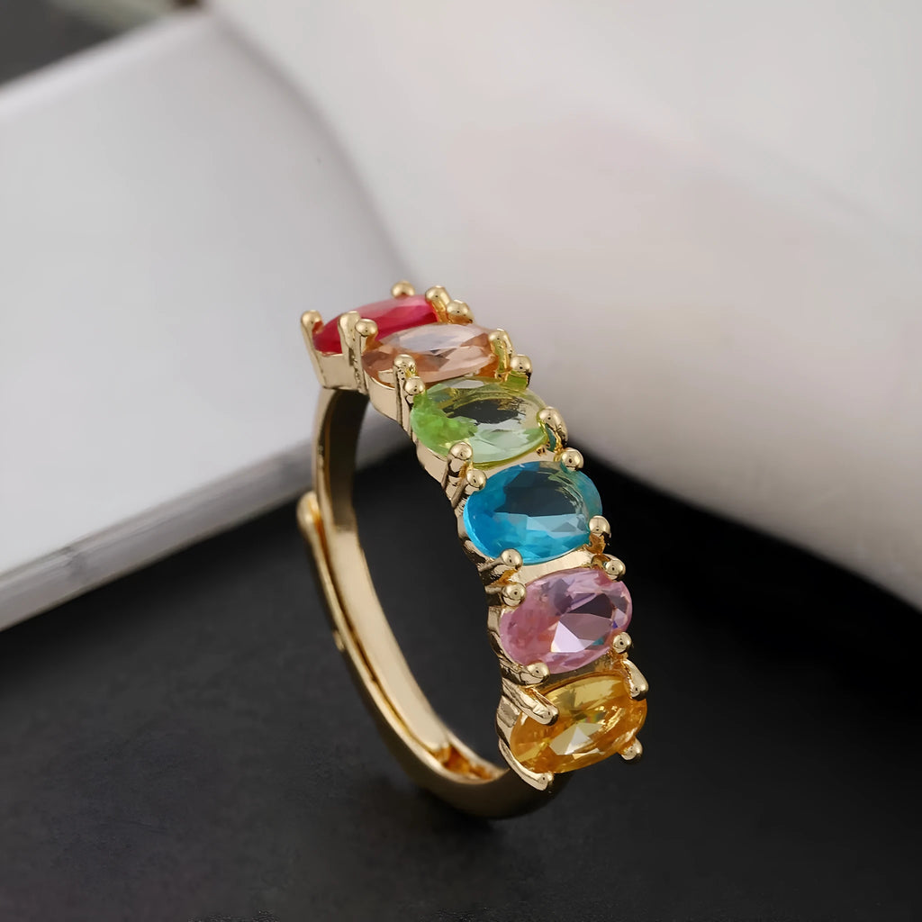Women's gold adjustable ring with zircon detailing and retro design on copper base