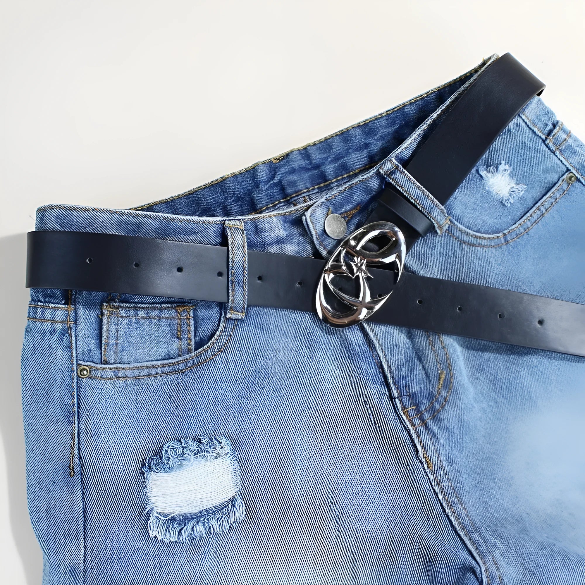 Men's silver buckle PU leather belt with snap button fastening showing three style variations
