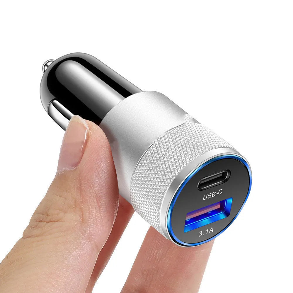 Aluminium alloy mobile phone car charger showing black finish with 12V input