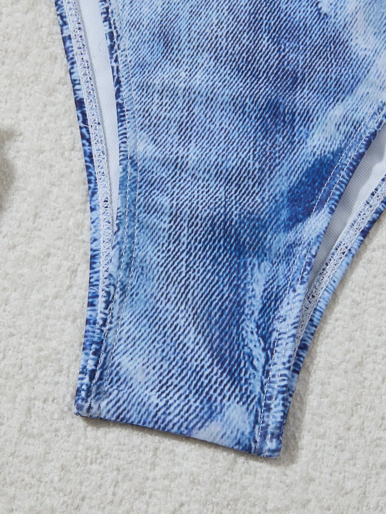 Women's denim blue printed bikini set with adjustable straps, front view