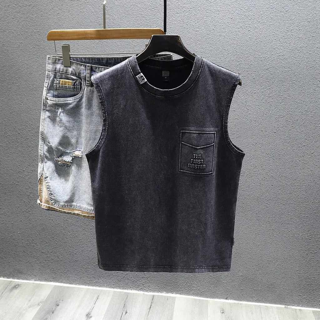 Men's loose fit cotton sleeveless t-shirt in black or white with straight hem design
