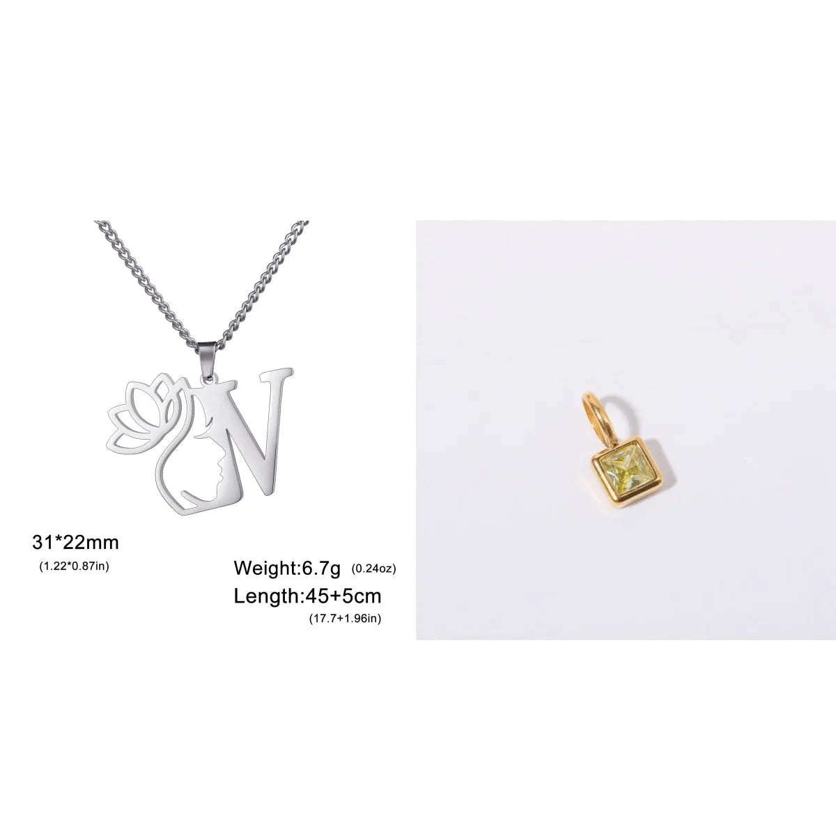 Stainless steel necklace with cross chain and a single letter pendant in gold or silver finish.