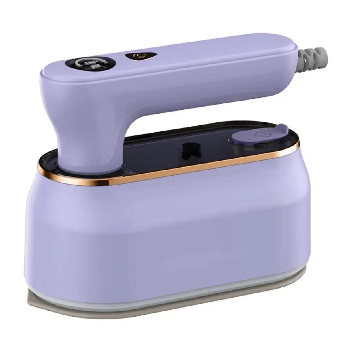 Foldable portable travel iron with ceramic base plate in light purple colour showing dual voltage rating