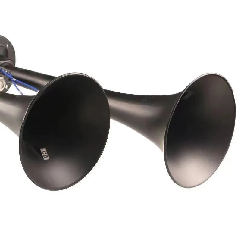 Black dual trumpet air horn compressor kit for 12V and 24V vehicles