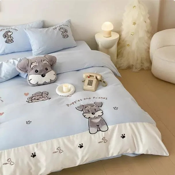 Cute Schnauzer dog cartoon design thickened cotton bedding set with quilt cover, sheet, and pillowcases