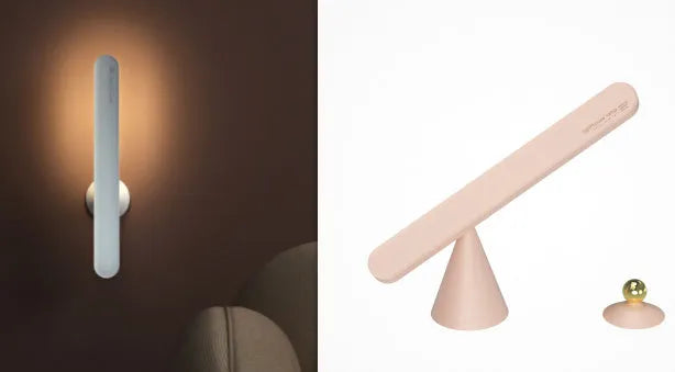 Geometric table lamp with magnetic suction base showing white and khaki colour options