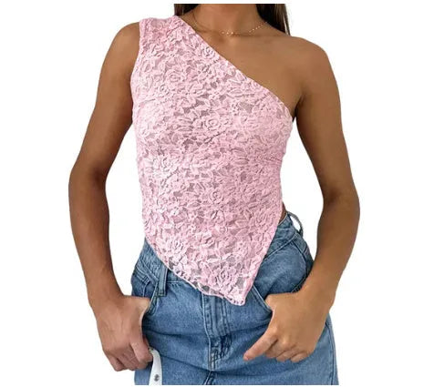 Women's slim-fit lace backless vest with an asymmetrical neckline in solid colour