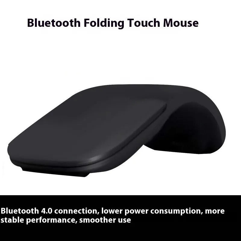 Folded black Bluetooth wireless mouse showing compact 131.2mm length and touch control surface