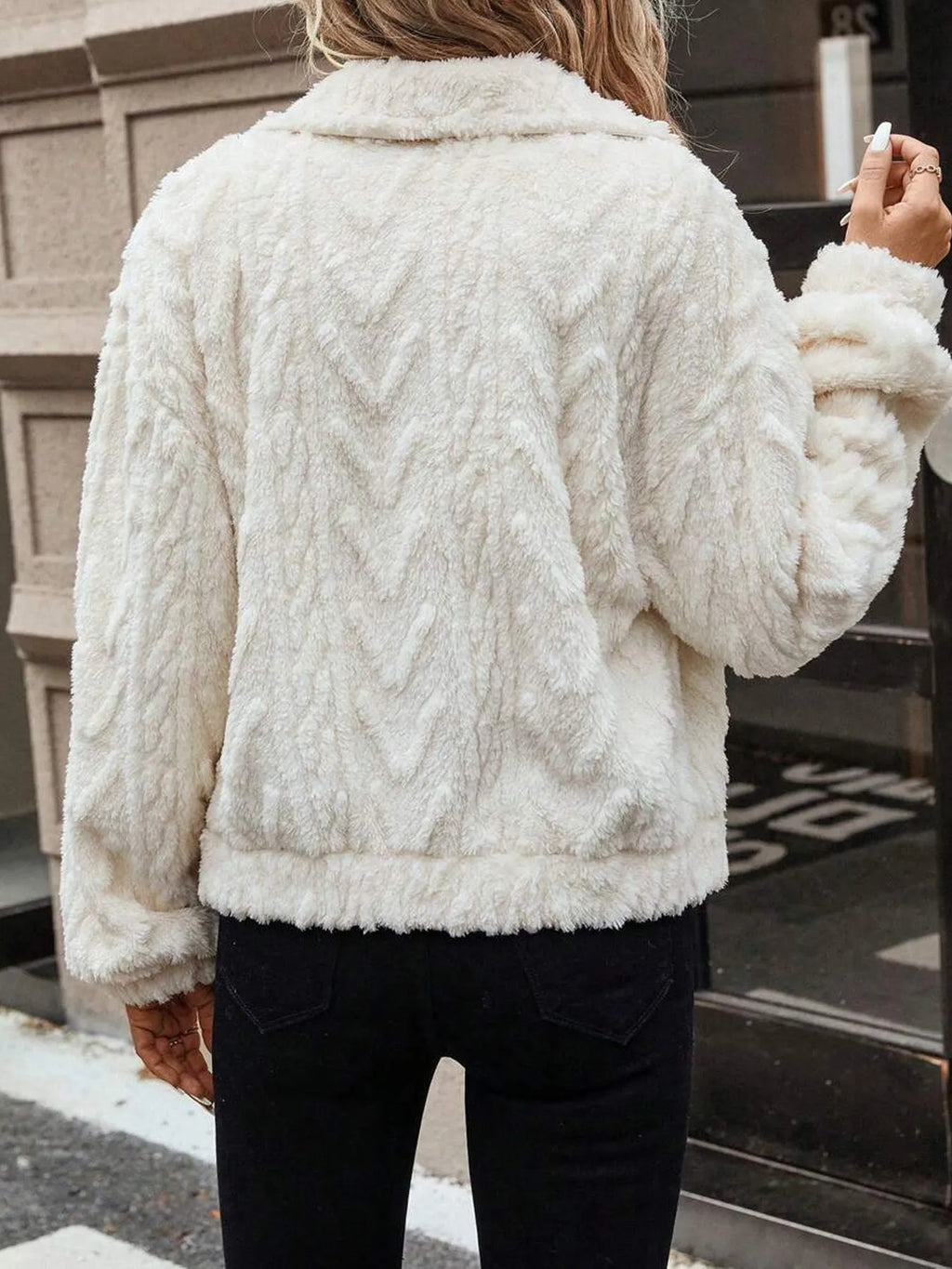 Ivory white women's plush button cardigan coat with regular long sleeves