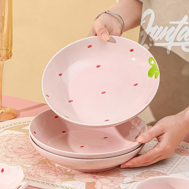 Strawberry pattern ceramic dinnerware set with bowls, plates and twist spoon