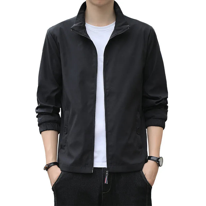 Men's Korean style loose lapel autumn jacket in black with zipper pockets