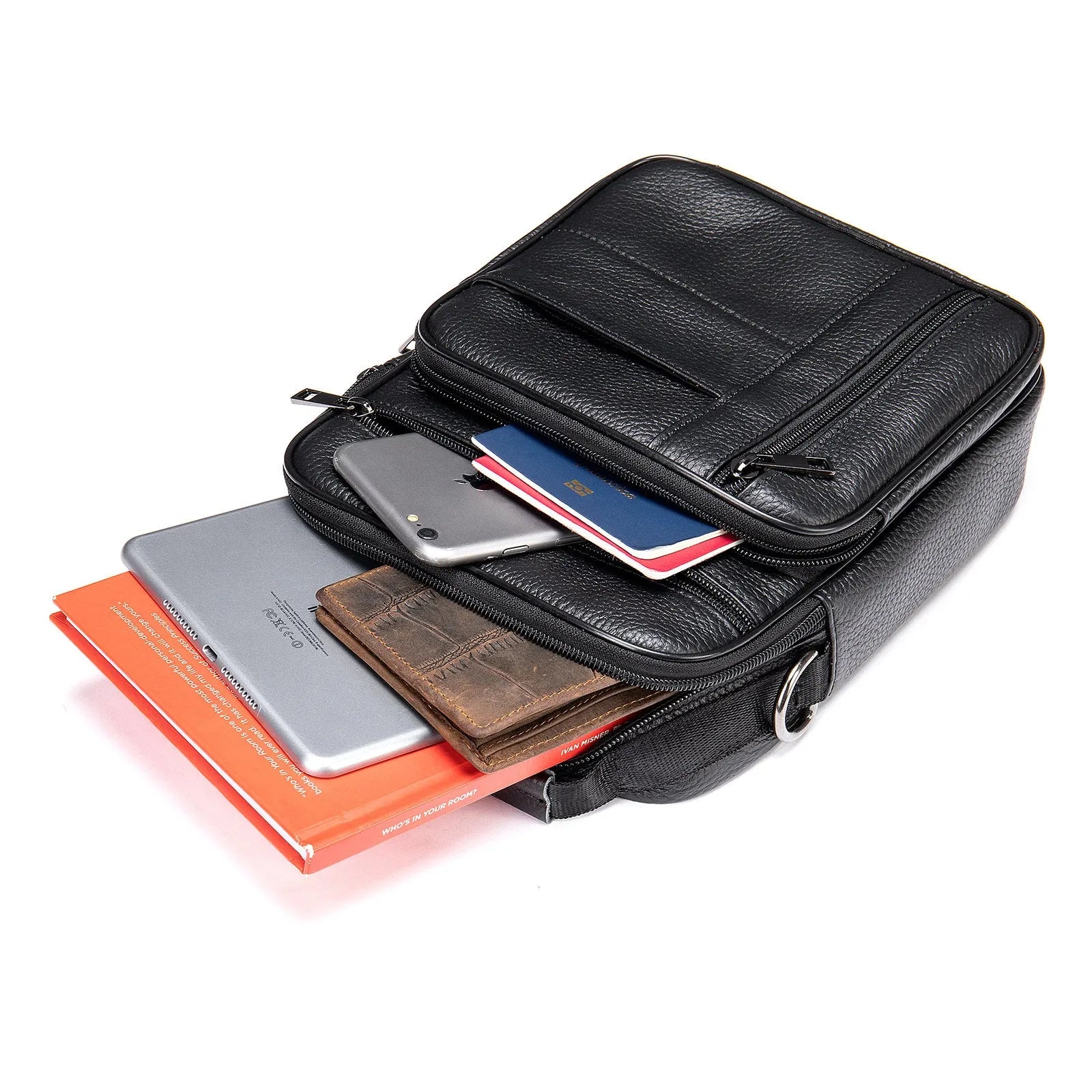 Vertical square genuine cowhide leather shoulder bag for men with zipper closure and internal organisation pockets