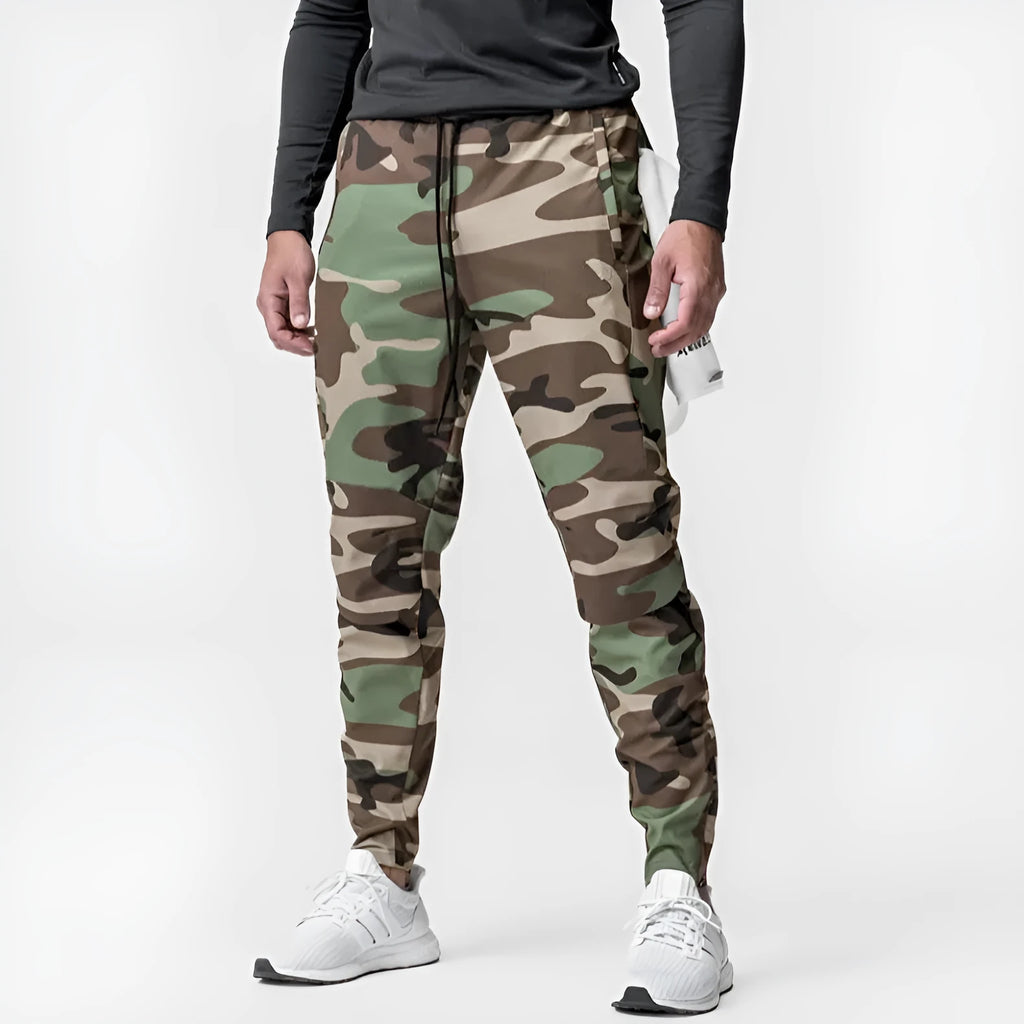Men's quick-dry ankle-tied fitness pants in woodland camouflage colour with loose fit design