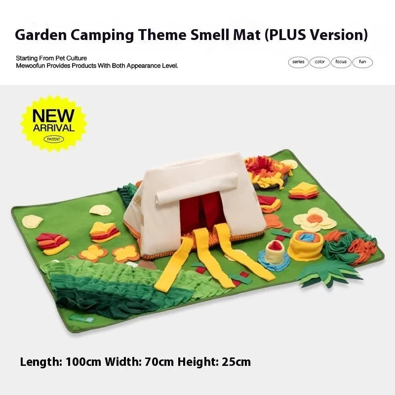 Themed dog sniffing mat with food hiding design for canine enrichment activities