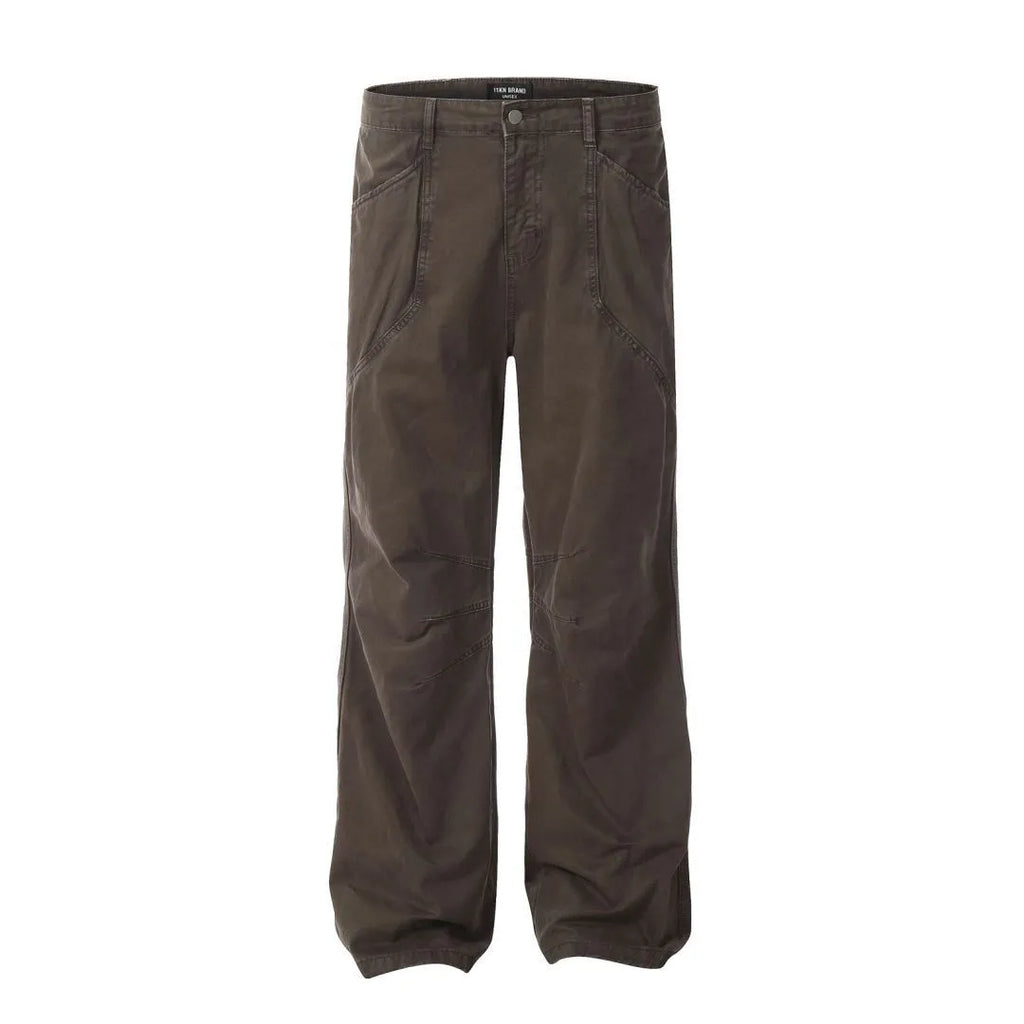 Men's brown loose straight-leg trousers with high waist and wide leg opening
