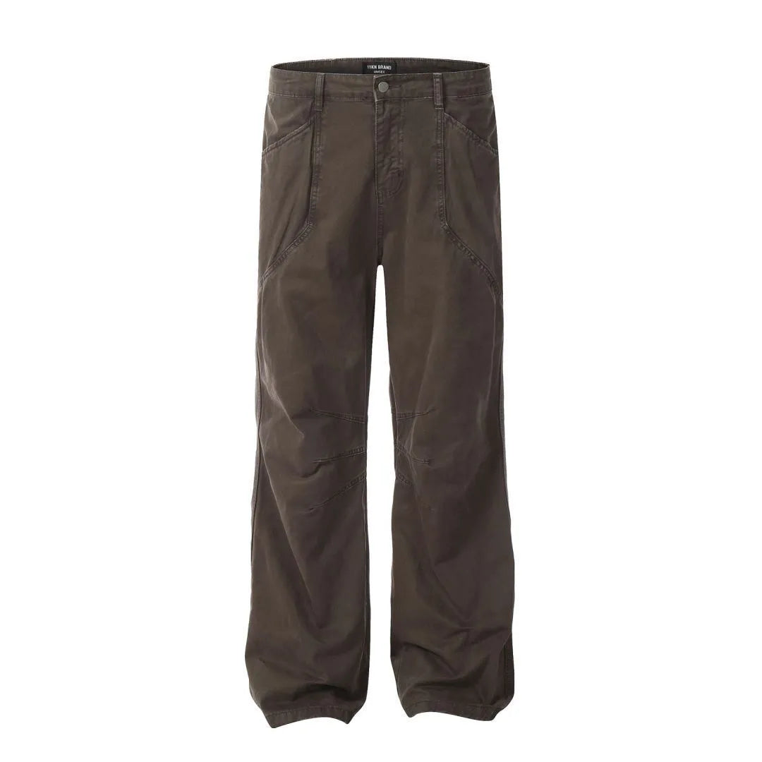 Men's brown loose straight-leg trousers with high waist and wide leg opening