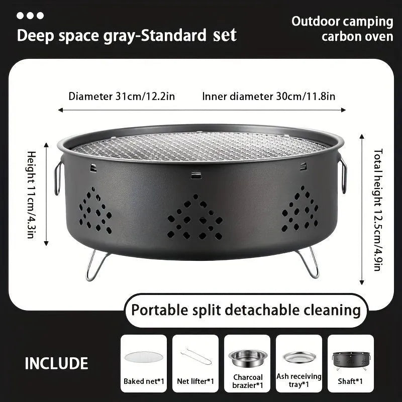 Portable stainless steel charcoal barbecue grill with detachable parts and a carry bag.