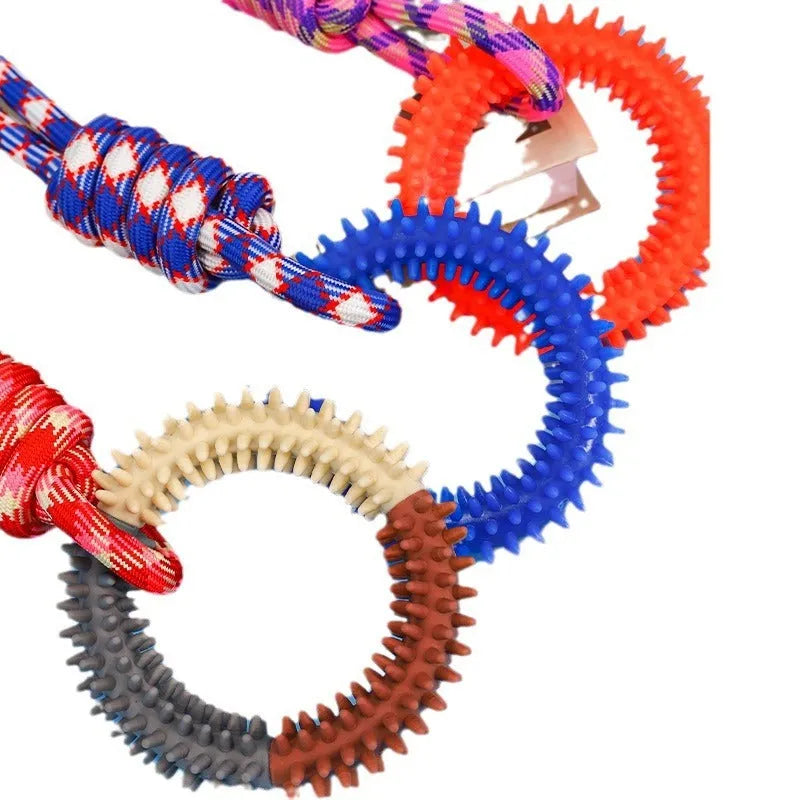 Braided rope dog tug toy measuring 43 cm long in blue colour with knotted design