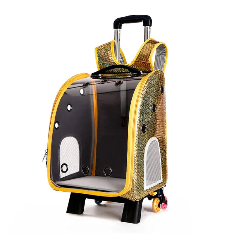 Blue pet trolley bag with transparent acrylic cover showing shoulder strap and trolley wheels