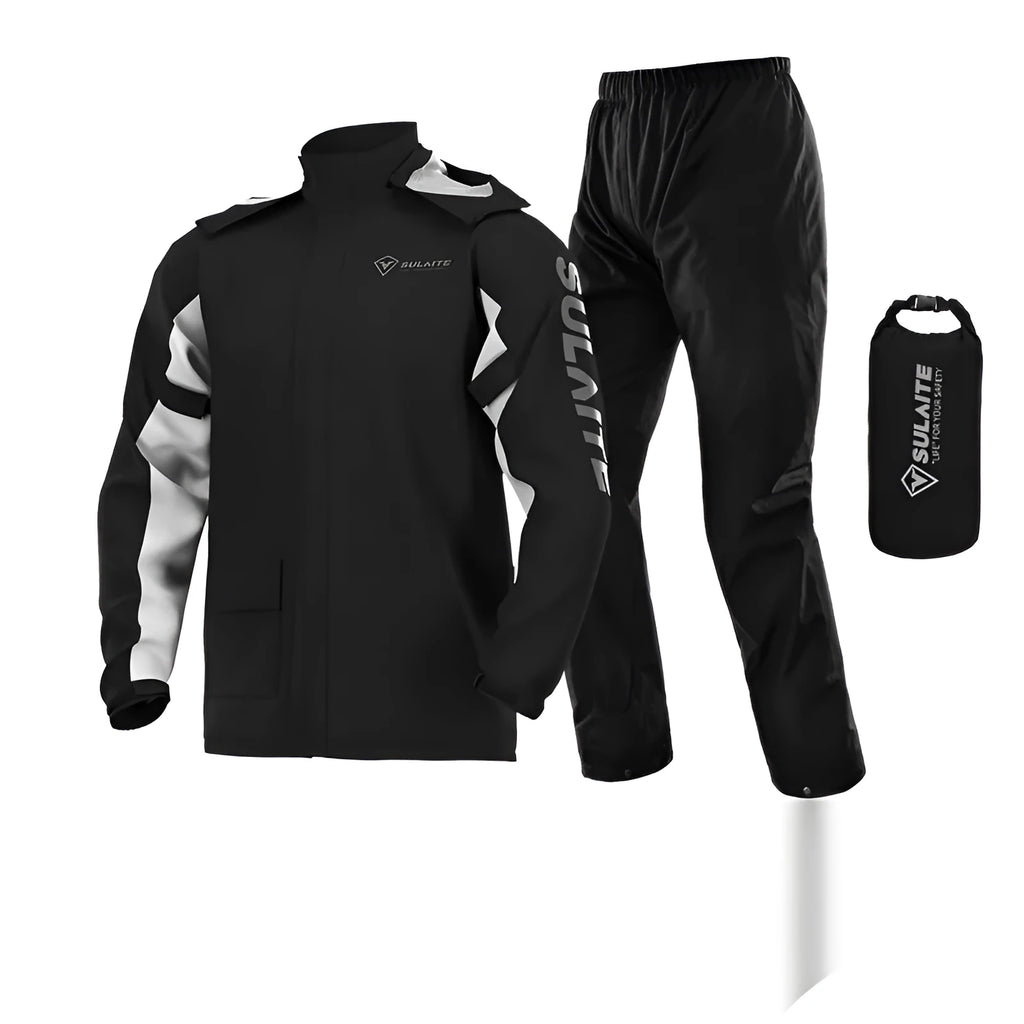 Motorcycle waterproof rain suit set showing raincoat, rain trousers, hidden shoe covers and storage bag