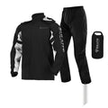 Motorcycle waterproof rain suit set showing raincoat, rain trousers, hidden shoe covers and storage bag