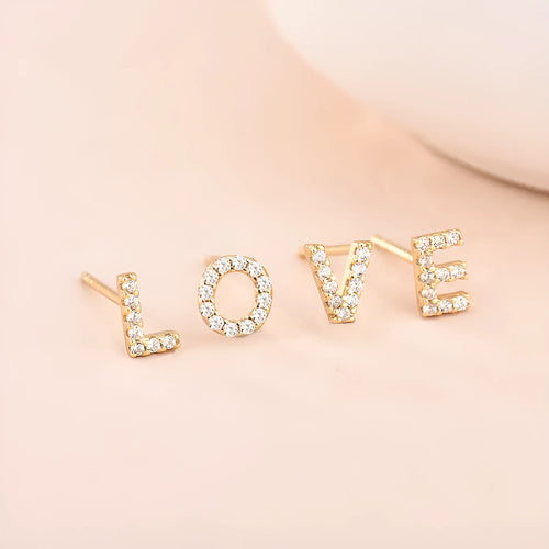 Gold plated English alphabet letter earrings with zircon stone accents on copper base