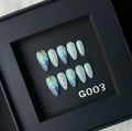 Hailang blue shell design artificial nail tips showing texture and four size options