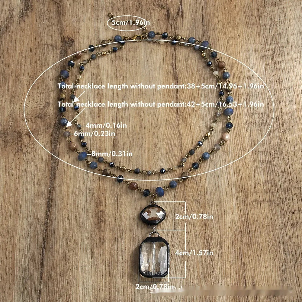 Tribal style two-layer necklace with stone and glass pendant on adjustable chain