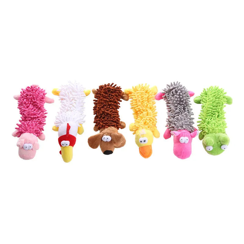 Plush horse molar dog chew toy in animal designs including brown dog, yellow duck, white chicken