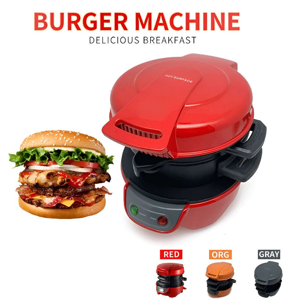 Silver grey household breakfast machine sandwich toaster with waffle plates and egg cooker ring on a kitchen counter.