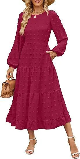 Women's beige long sleeve casual dress with ruffled sleeves and a high waist, shown on a hanger.