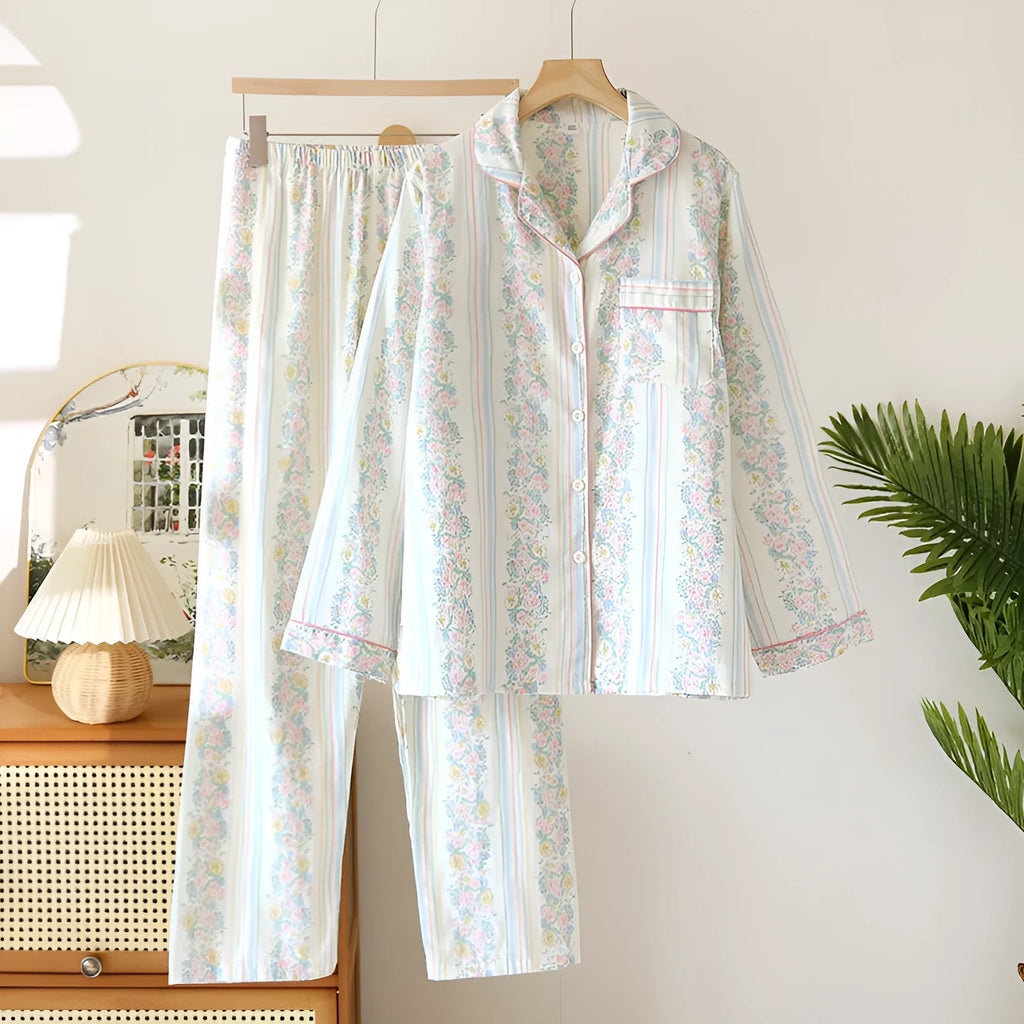 Women's cotton gauze long-sleeved top and trousers homewear set in a colour stripes pattern.