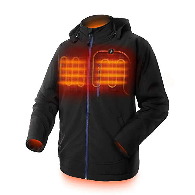 Black USB heated waterproof winter coat for men with long sleeves and straight hem design