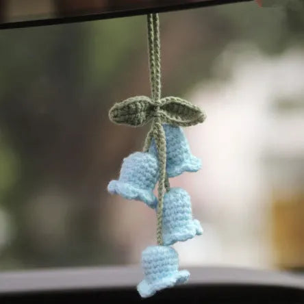 Green and white crochet car plant ornament with 25cm white hanging rope on 8cm basin base