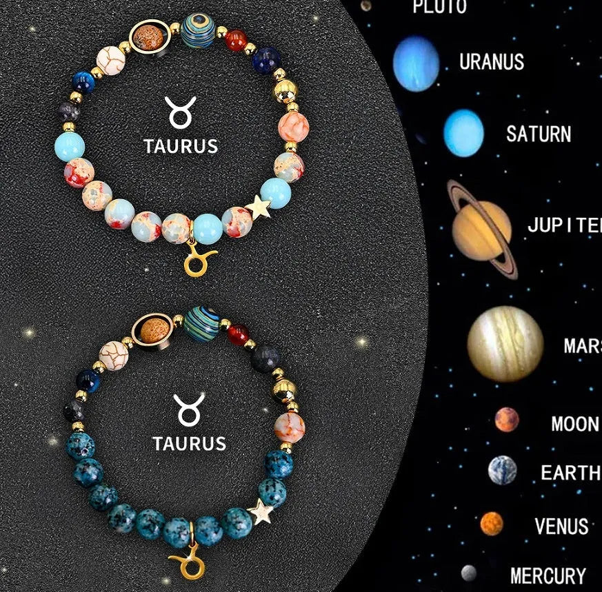 Set of two natural stone beaded bracelets for zodiac signs on a dark background.