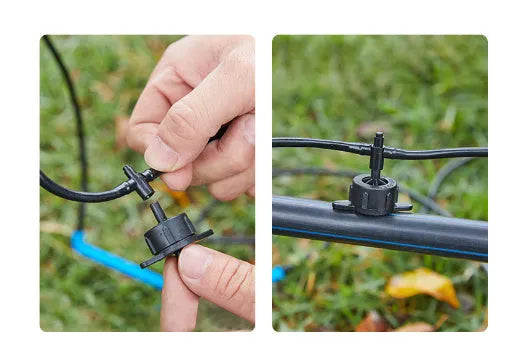 White PE plastic tee water distributor joint for garden micro-spray irrigation systems.