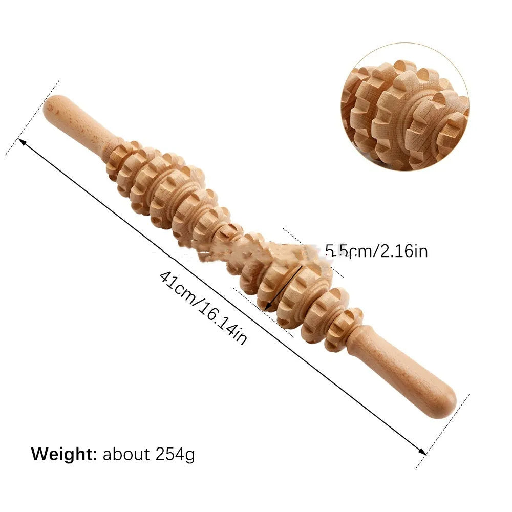 Beech wood massage roller set with T-shaped, straight, curved, and multi-wheel tools for lymphatic drainage