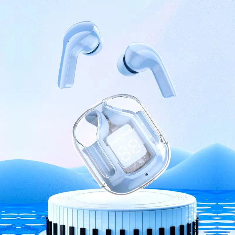 Transparent space capsule shaped case containing true wireless Bluetooth earphones in light blue colour.