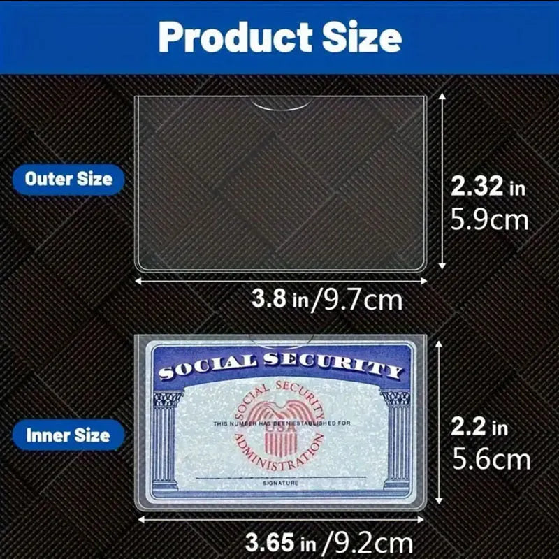 Transparent PVC social security card holder showing clear front and standard 9.7 by 5.9 cm dimensions.