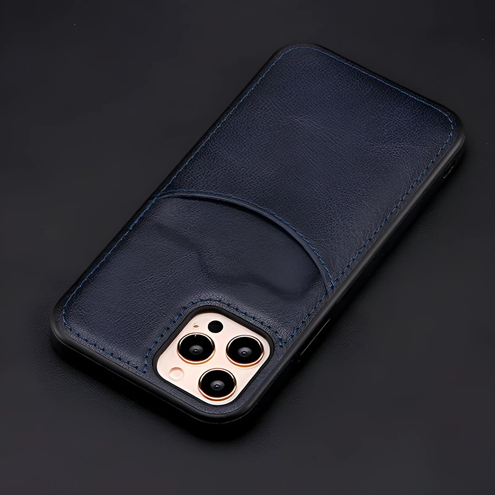 Dark blue PU leather protective case for multiple iPhone models including iPhone 14 and 13