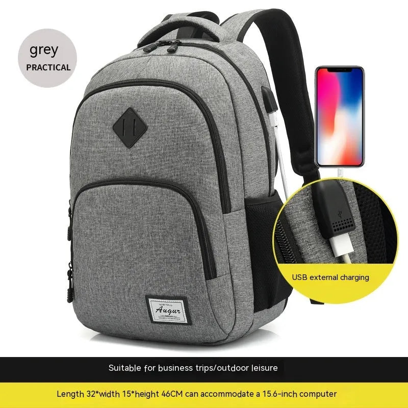 USB charging backpack with trolley strap in black, dark grey and light grey colours