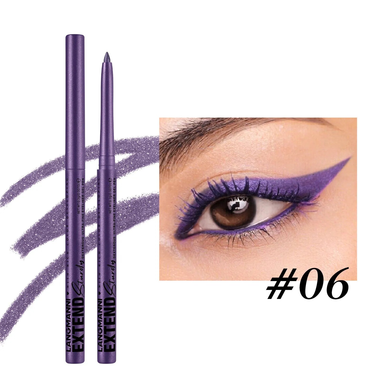 Set of 12 colourful gel glitter eyeliner pencils arranged showing metallic, matte, and glitter finishes.