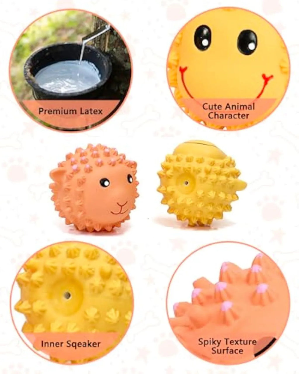 Orange and yellow latex squeaky dog toy with spiky texture for teeth cleaning, shown next to a measuring tape indicating 3-inch diameter.