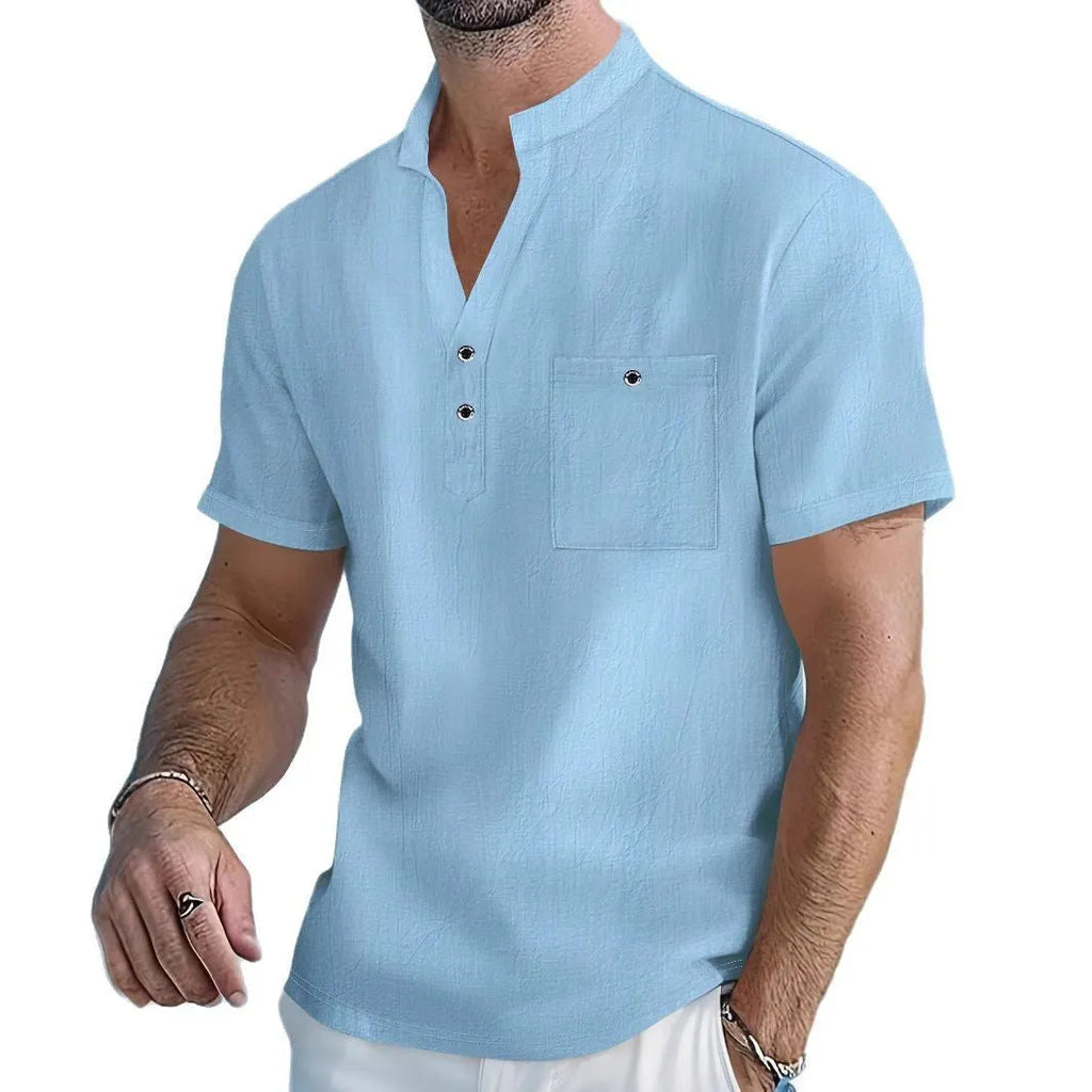 Men's loose fit linen blend short sleeve T-shirt with a stand collar in a light colour.