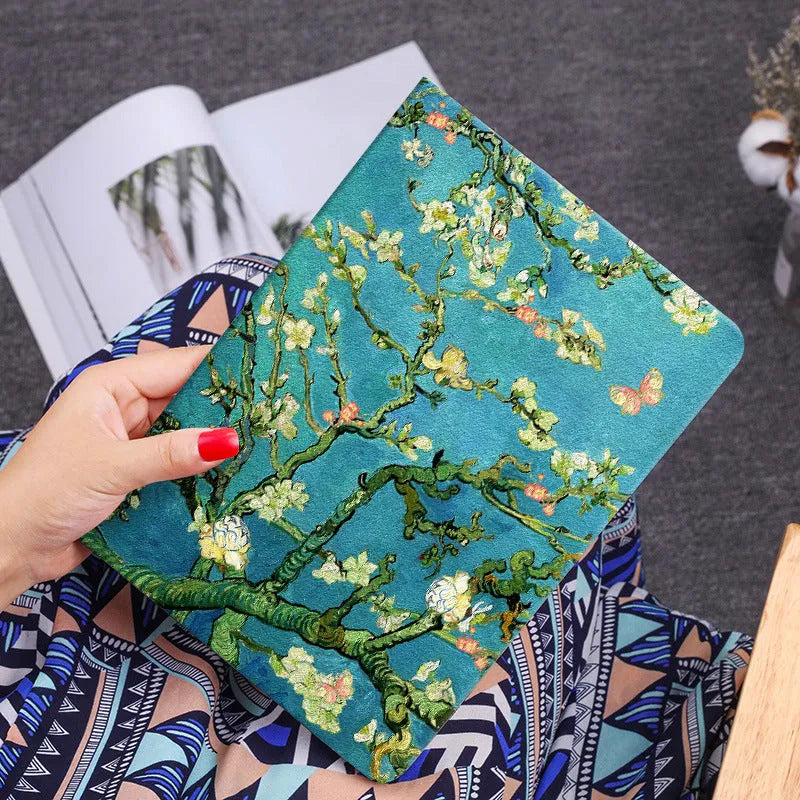 Handmade liquid silicone flip case for iPad shown in Apricot Flower decorative theme.