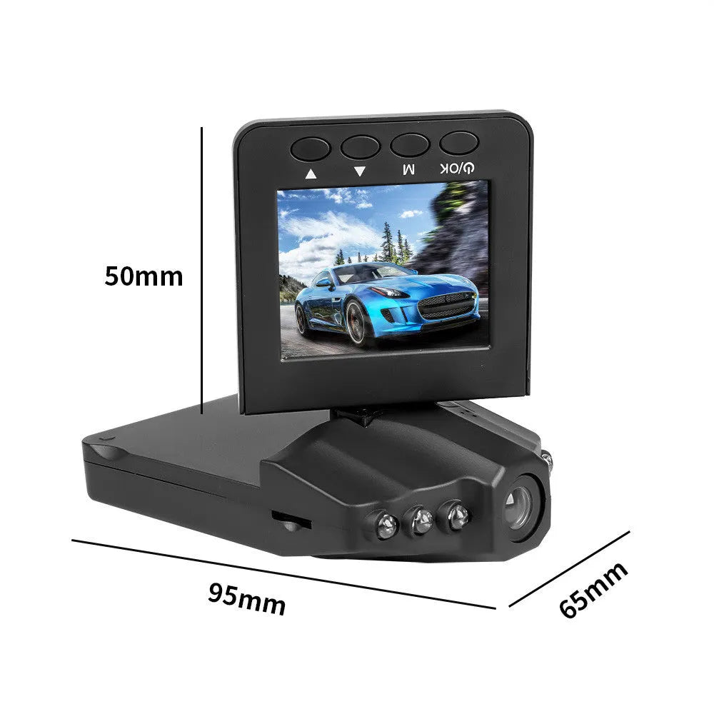 H198 HD car DVR recorder with 2.4-inch screen, infrared lights, and parking monitoring features
